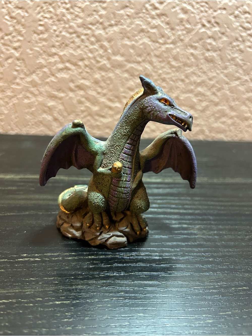 Vintage Resin Purple Green Dragon Holding Golden Egg On Rocky Base